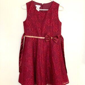 Festive Girls' Holiday Dress, Burgundy Lace with Gold Trim, Bonnie Jean, size 16